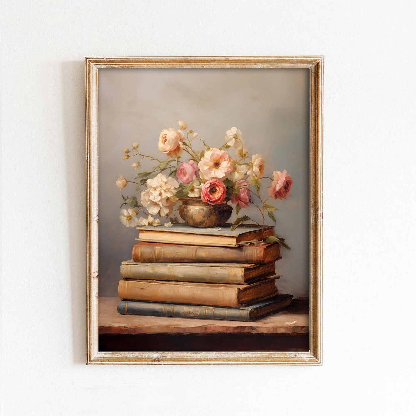 Gold Vase of Spring Flowers on Books Art Print: 11x14