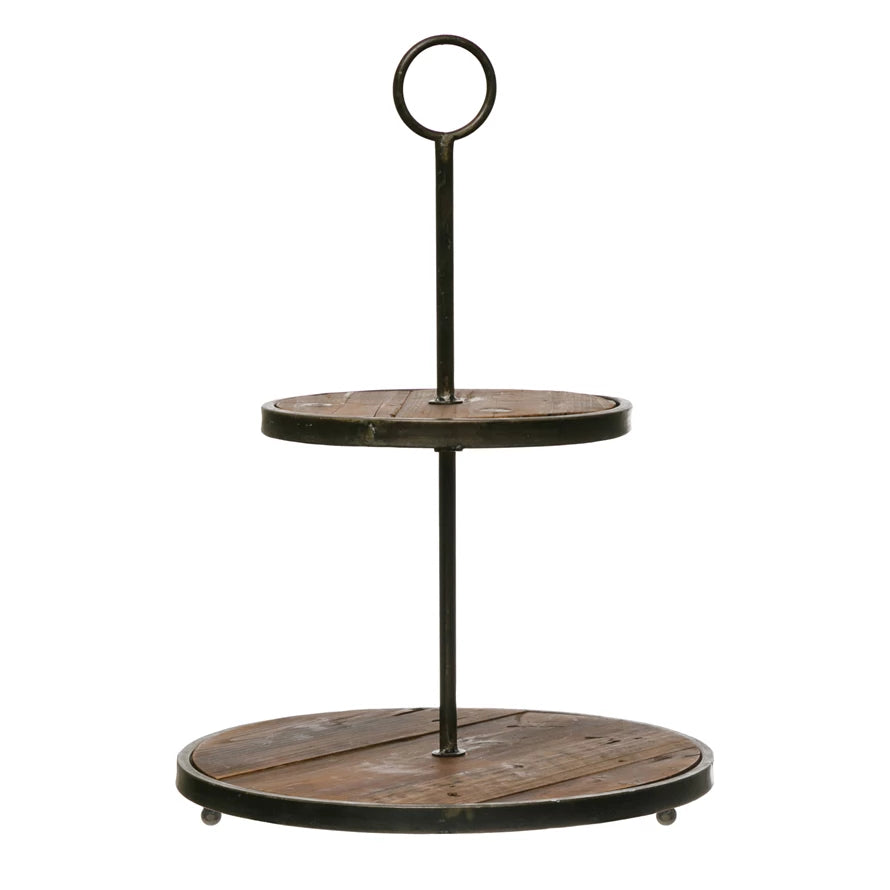 Decorative Wood and Metal 2-Tier Tray