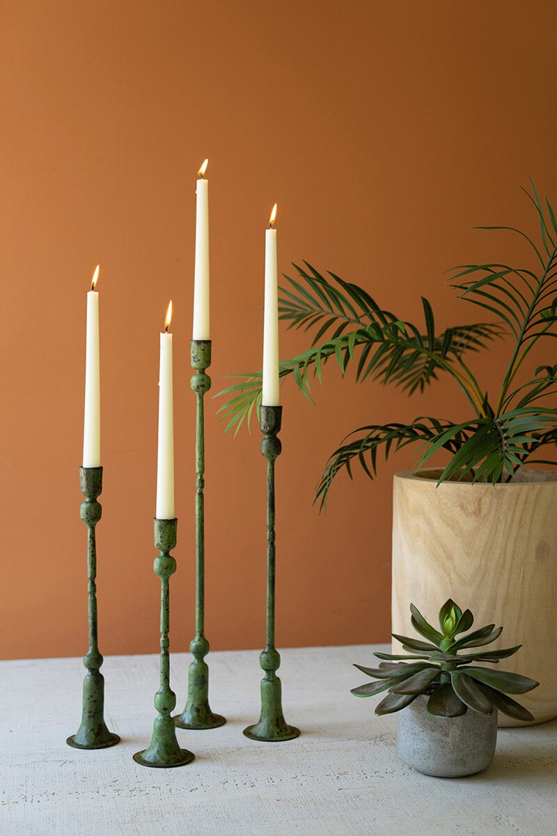 Green Forged-Iron Patina Taper Candle Holders