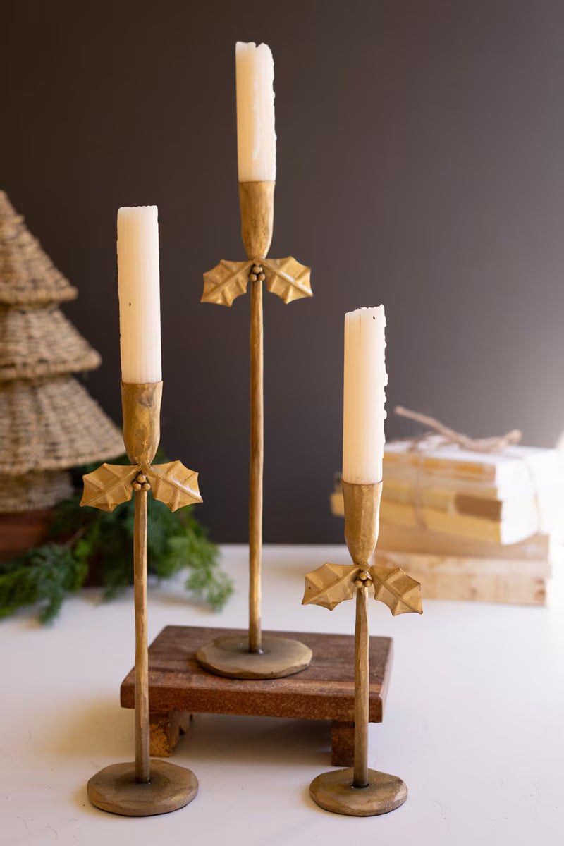 Antique Brass Pillar Candleholders with Holly