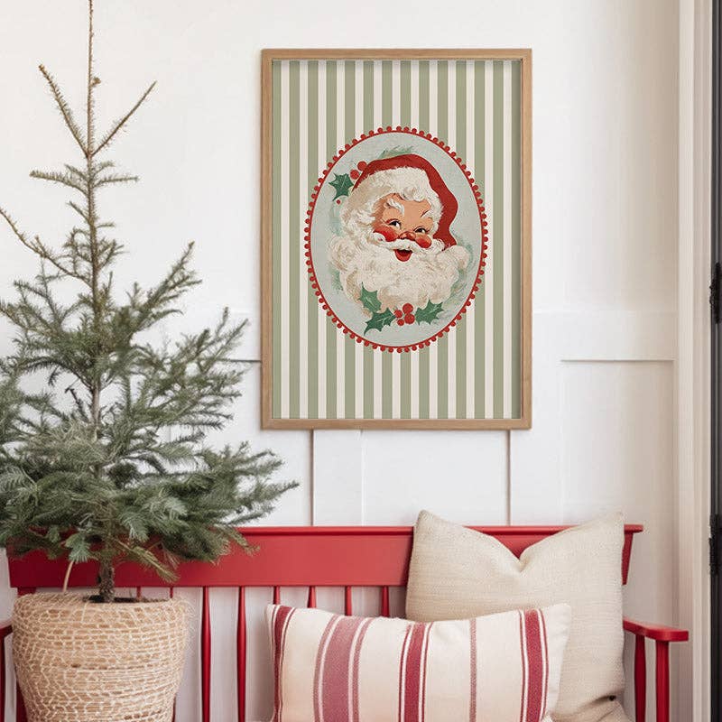 Rosy Retro Santa On Stripes Art Print: 8x10
