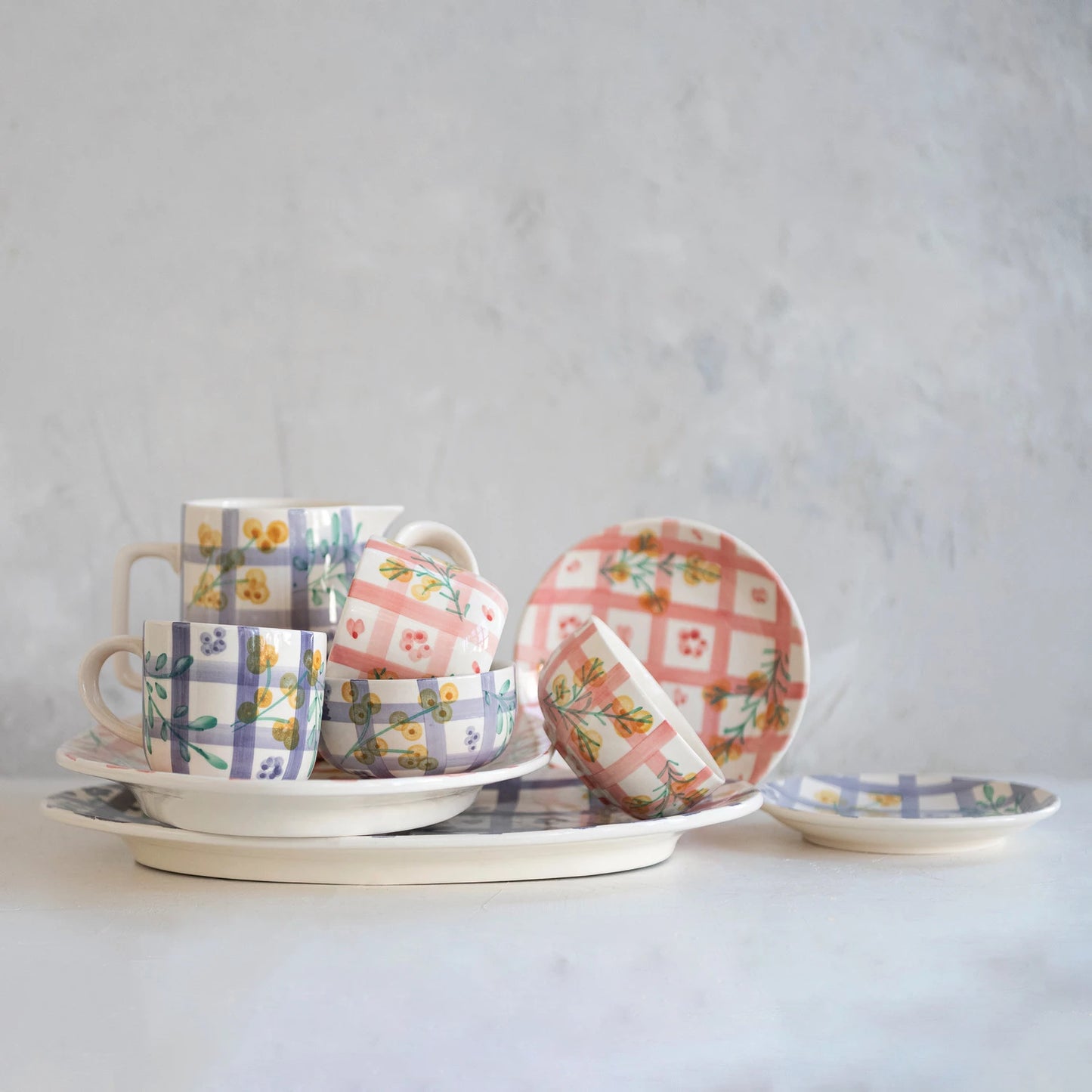 Hand-Painted Stoneware Pitcher with Grid Pattern