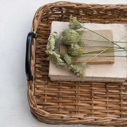 Decorative Hand-Woven Rattan Tray w/ Metal Handles