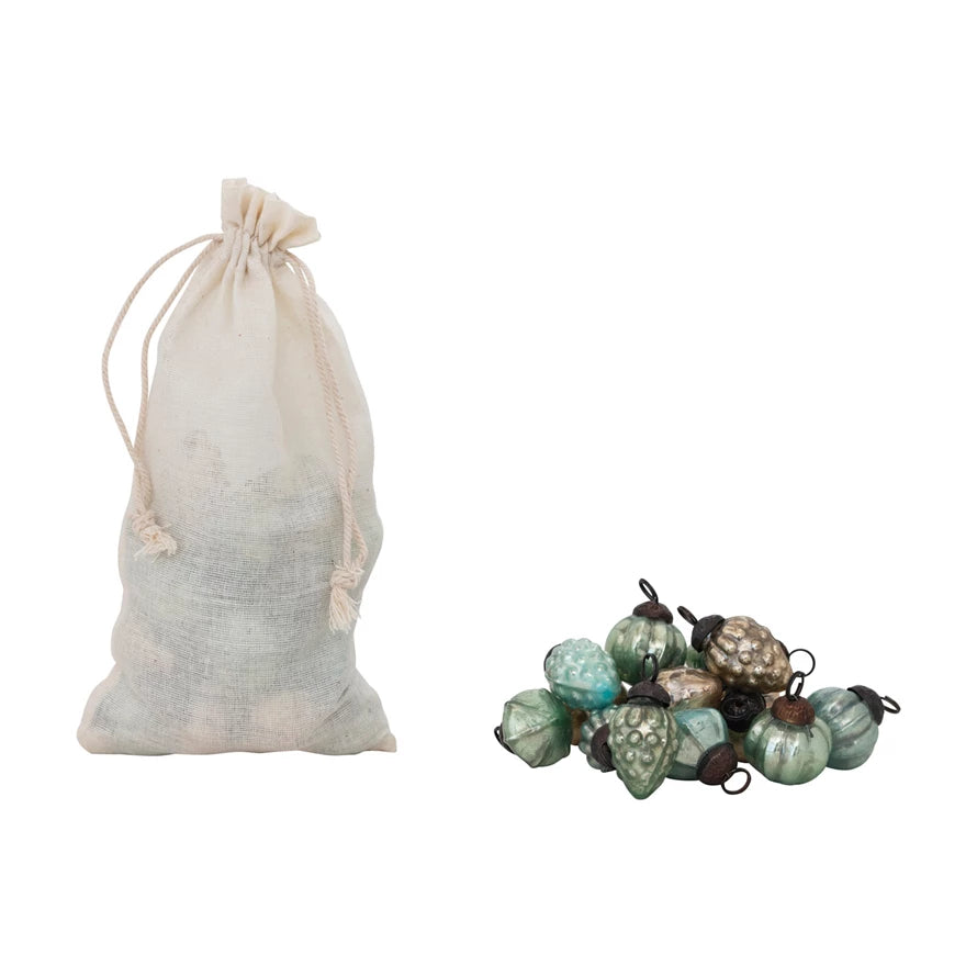 Embossed Mercury Glass Ornaments in Muslin Bag