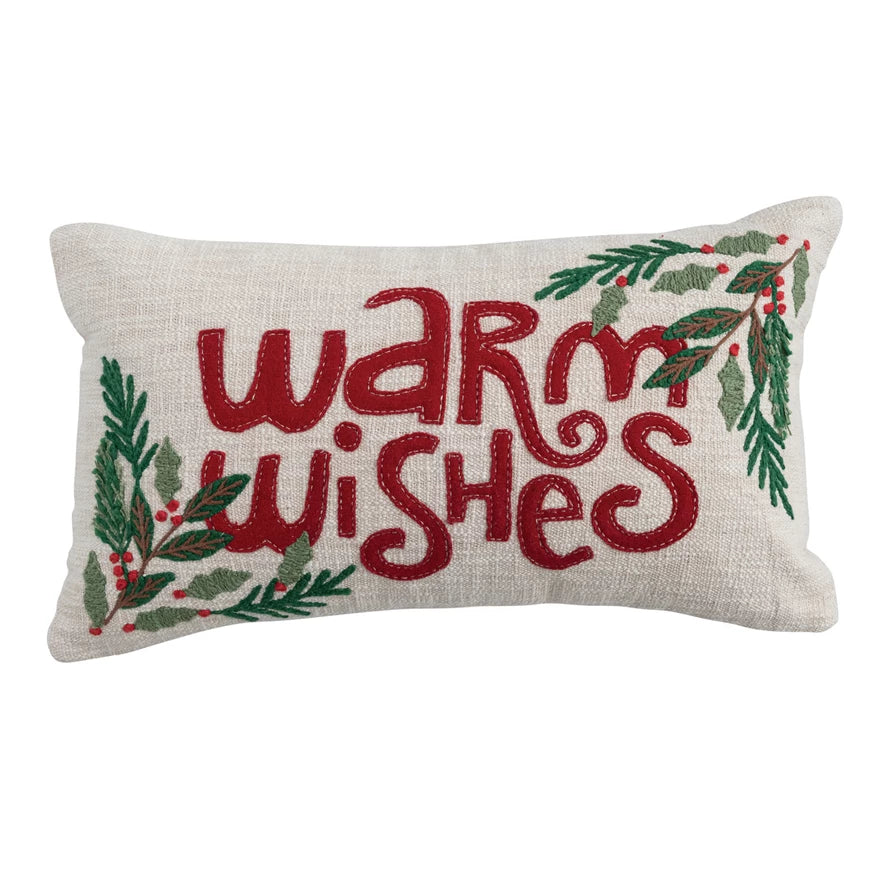 Warm Wishes Lumbar Pillow with Appliqued Holly & Embroidery