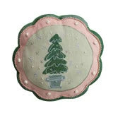 Round Cotton & Linen Scalloped Printed Pillow with Embroidery