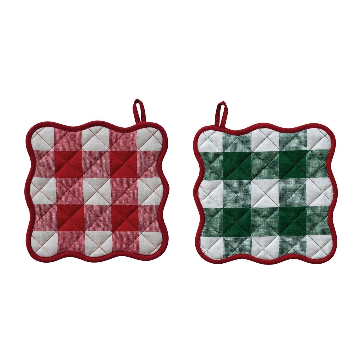 Two-Sided Cotton Scalloped Pot Holder with Buffalo Check Pattern & Piping