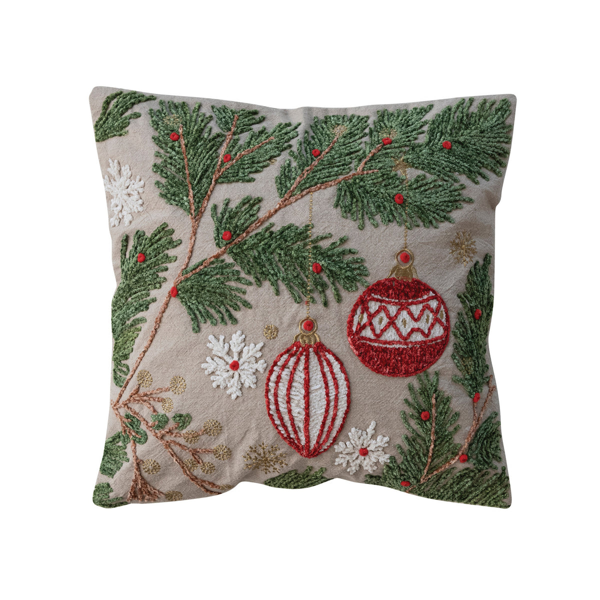 Square Cotton Pillow with Embroidered Pine Boughs