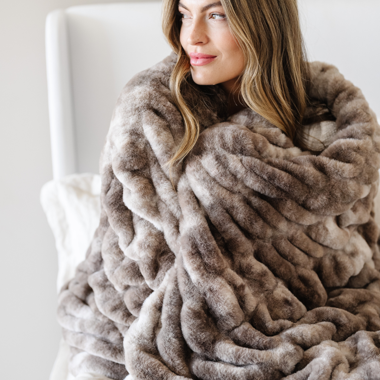 Flax Double Ruched XL Faux Fir Throw Blanket