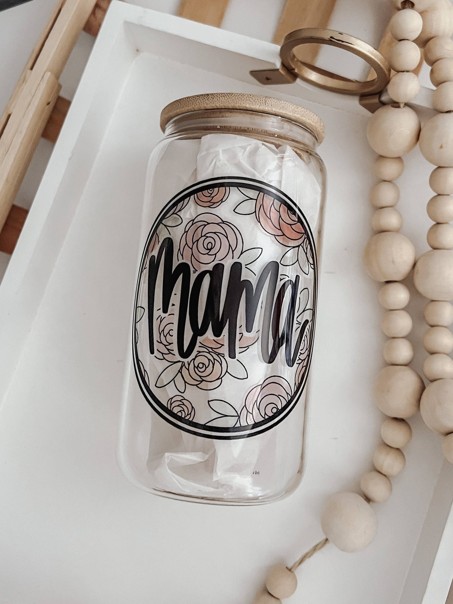 Mama Watercolor Floral Glass Cup with Bamboo Lid