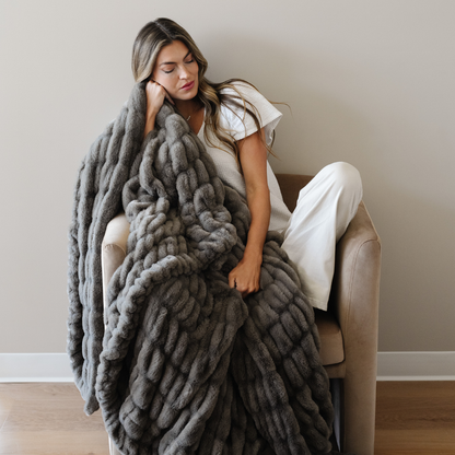 Flax Double Ruched XL Faux Fir Throw Blanket
