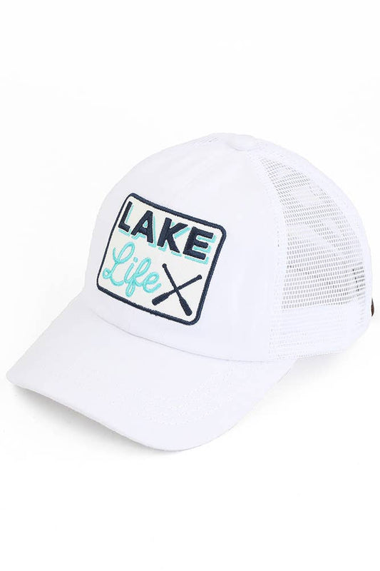 C.C White LAKE LIFE Patch Criss-Cross Pony Cap