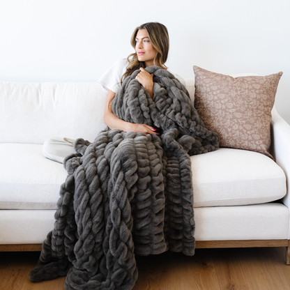 Chocolate Blend Double Ruched XL Faux Fir Throw Blanket