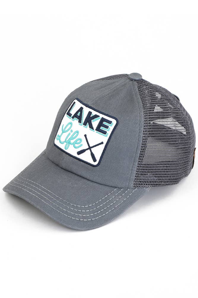 C.C White LAKE LIFE Patch Criss-Cross Pony Cap