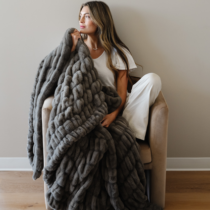 Flax Double Ruched XL Faux Fir Throw Blanket