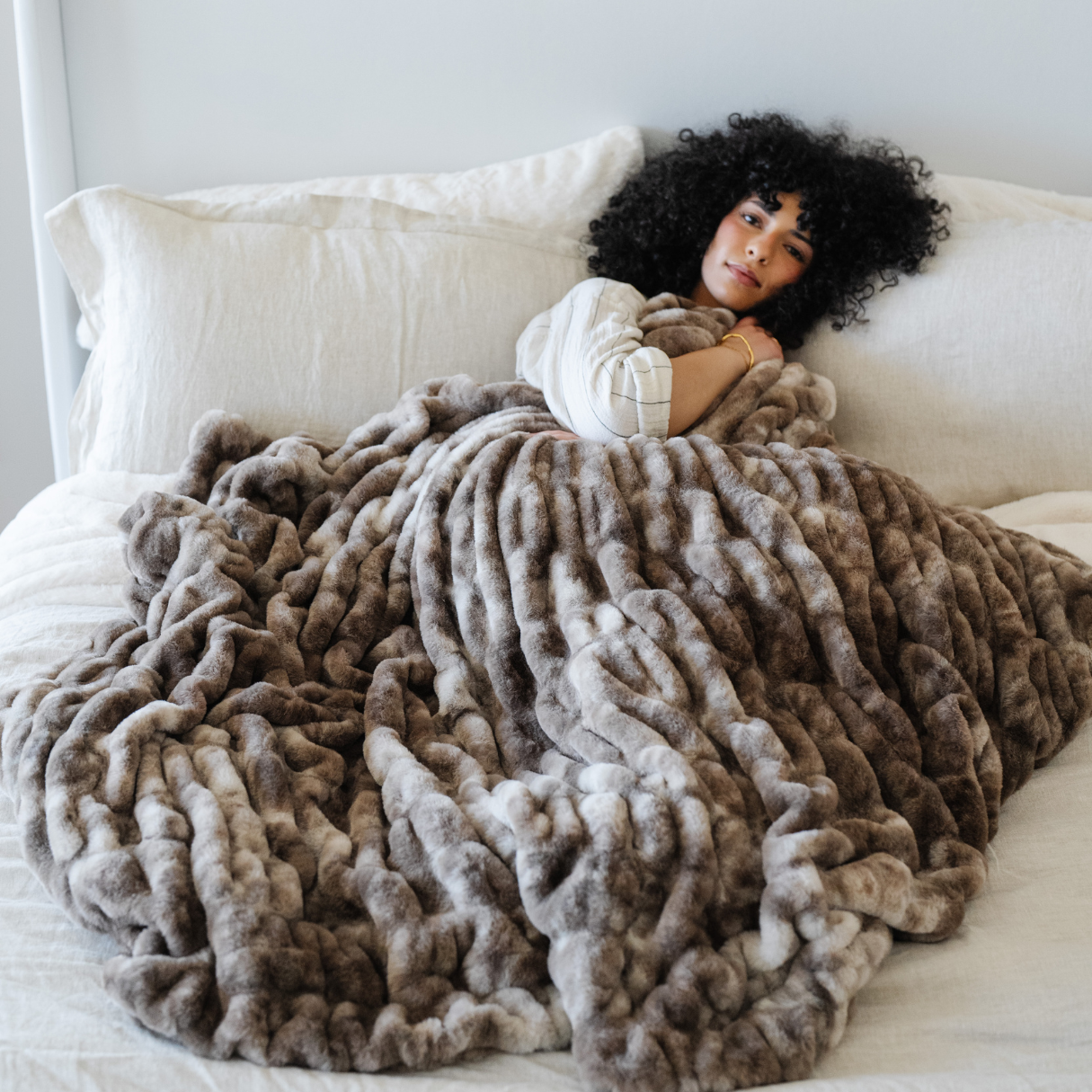 Chocolate Blend Double Ruched XL Faux Fir Throw Blanket