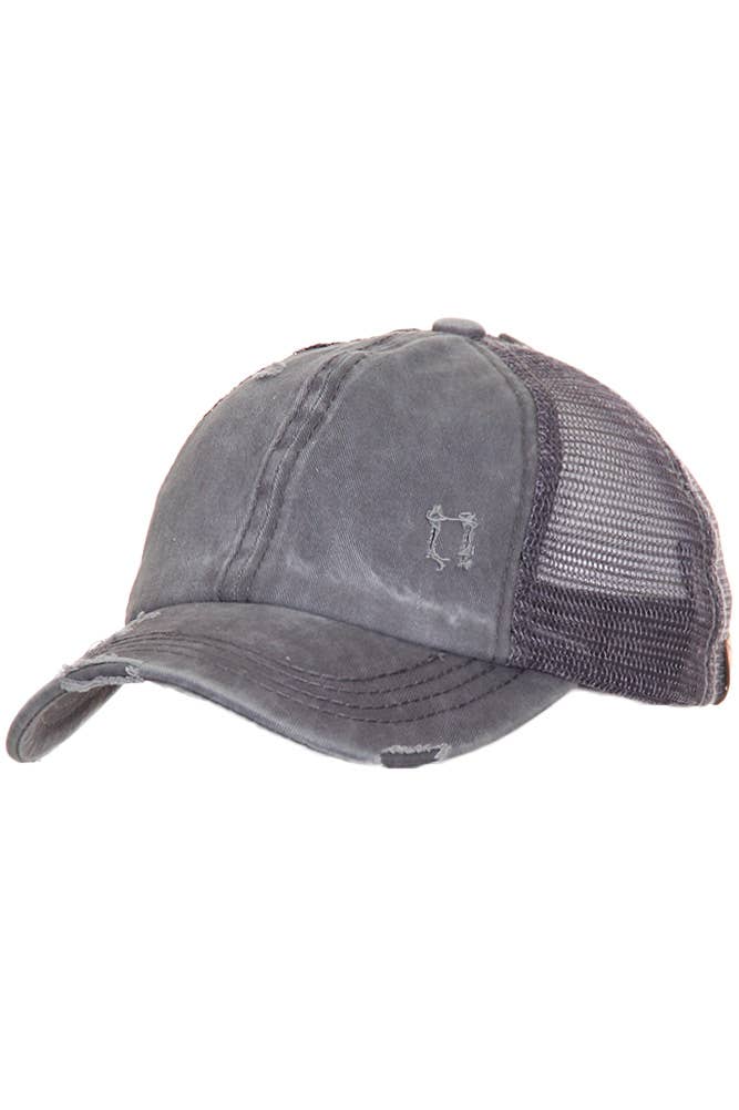 C.C Grey Distressed Mesh Back Ponytail Baseball Cap