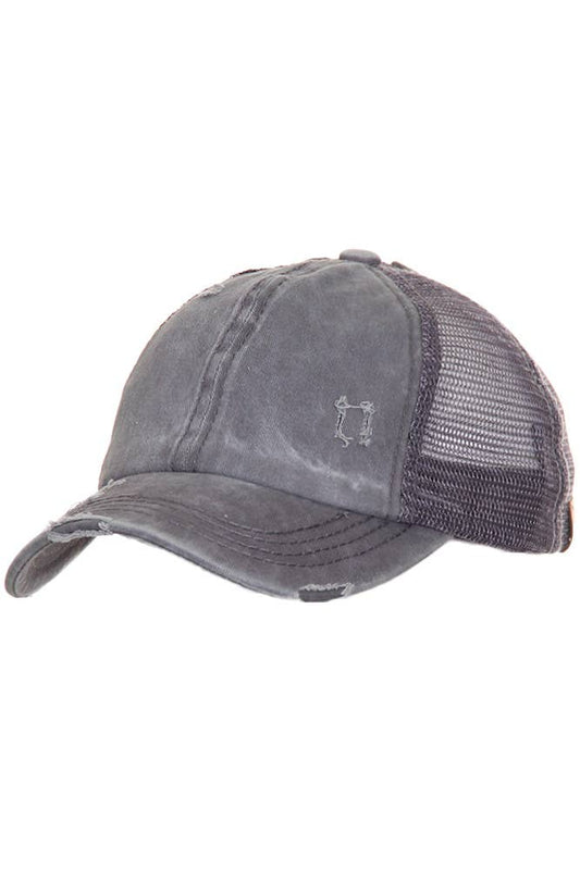 C.C Grey Distressed Mesh Back Ponytail Baseball Cap