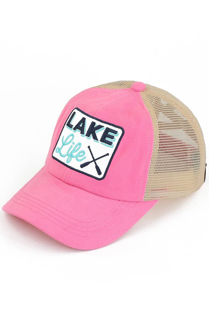 C.C White LAKE LIFE Patch Criss-Cross Pony Cap