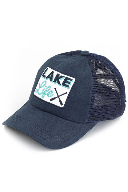 C.C White LAKE LIFE Patch Criss-Cross Pony Cap