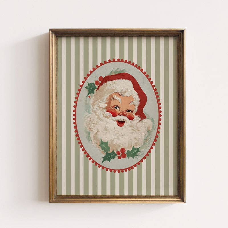Rosy Retro Santa On Stripes Art Print: 8x10