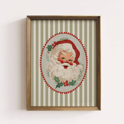 Rosy Retro Santa On Stripes Art Print: 8x10