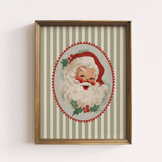 Rosy Retro Santa On Stripes Art Print: 8x10