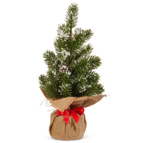 Snowy Pine Tree in Burlap Bag