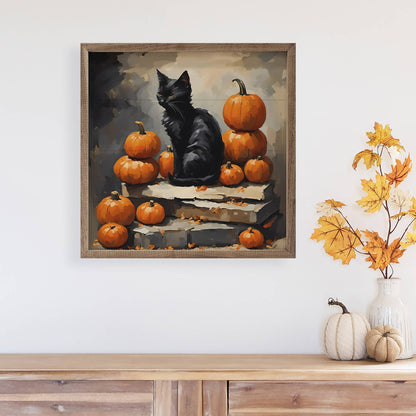 Black Cat With Pumpkin Stack Sign