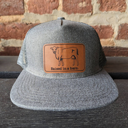 "Raised in a barn" Heather Gray Youth Cow Mesh Trucker Hat