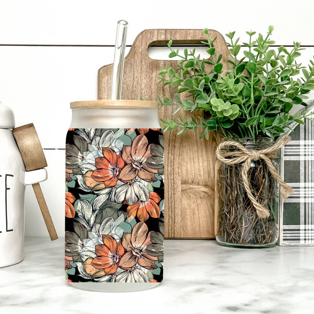 16oz Dark Floral Can Glass With Bamboo Lid