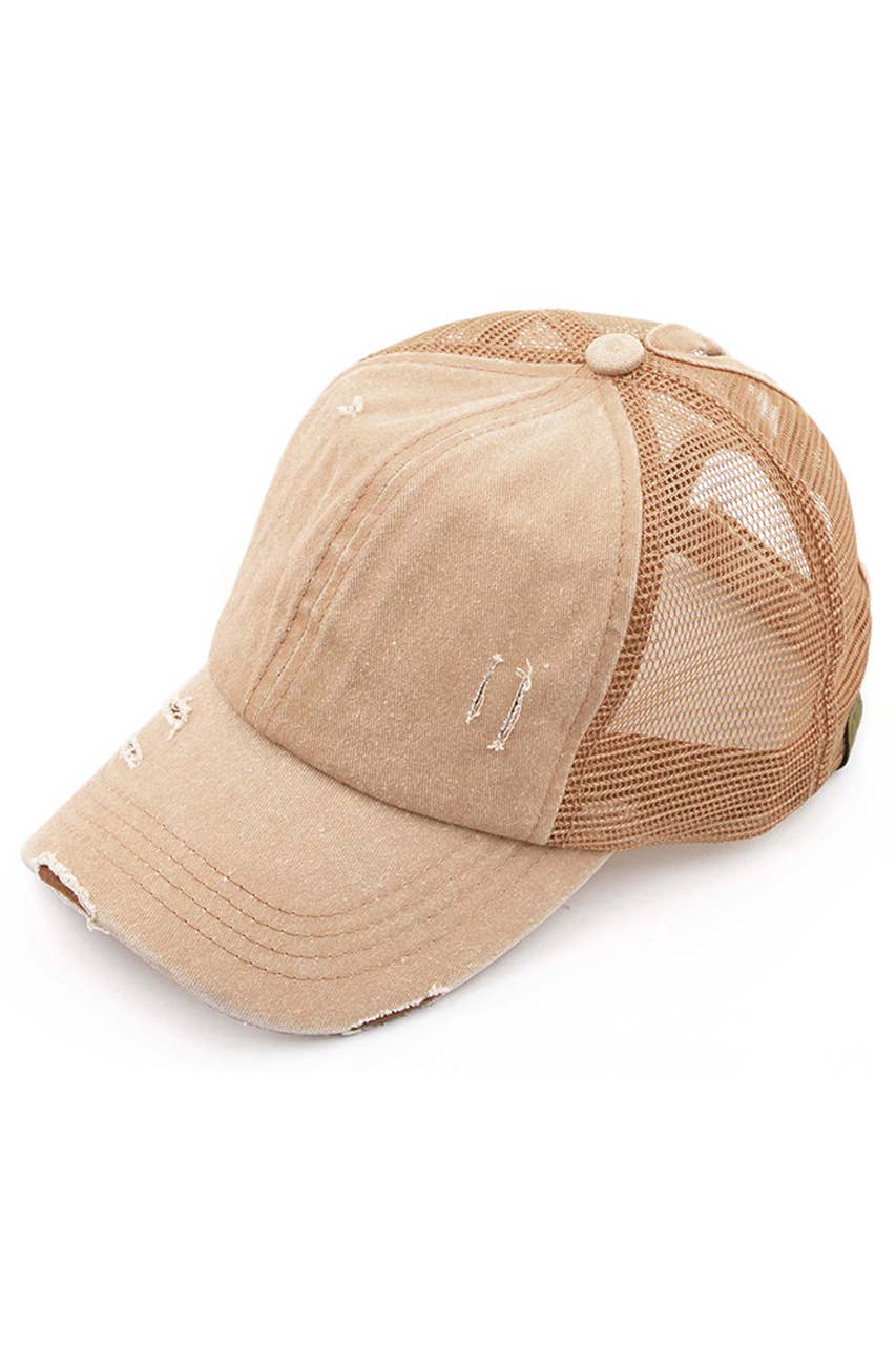 C.C Grey Distressed Mesh Back Ponytail Baseball Cap