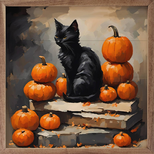 Black Cat With Pumpkin Stack Sign