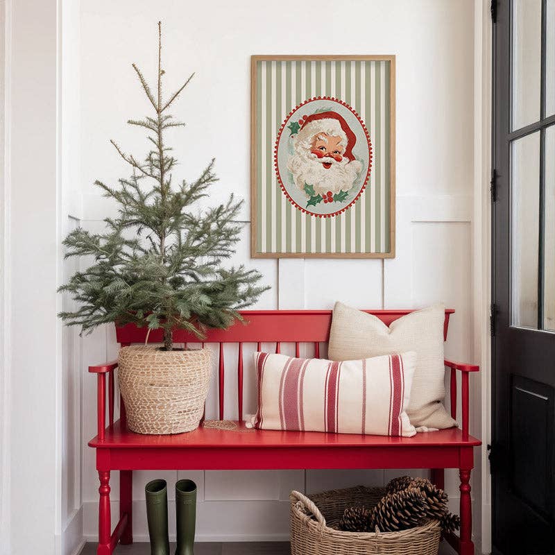 Rosy Retro Santa On Stripes Art Print: 8x10