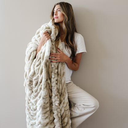 Flax Double Ruched XL Faux Fir Throw Blanket