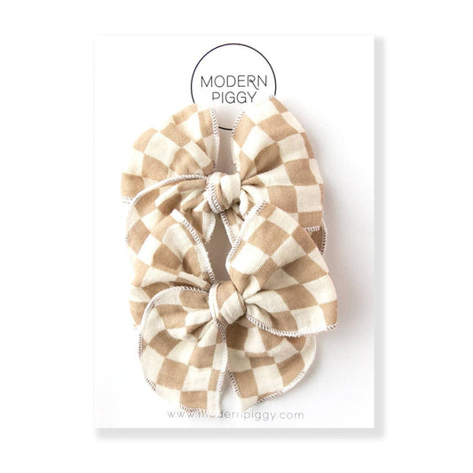 Checkerboard - Tan | Petite Party Bow Pigtail Set