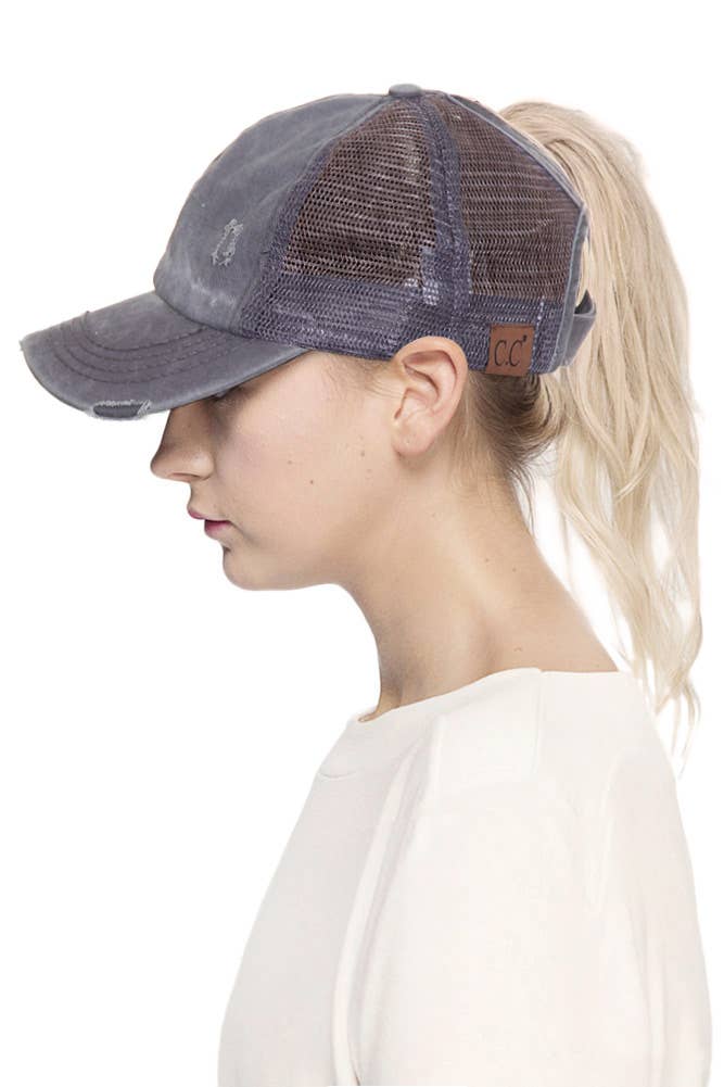 C.C Grey Distressed Mesh Back Ponytail Baseball Cap