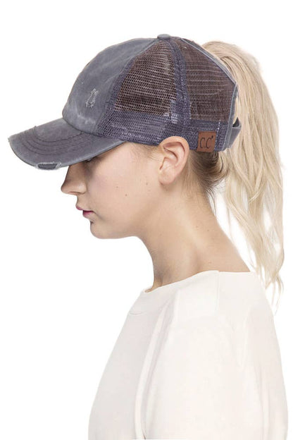 C.C Grey Distressed Mesh Back Ponytail Baseball Cap
