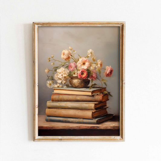 Gold Vase of Spring Flowers on Books Art Print: 11x14