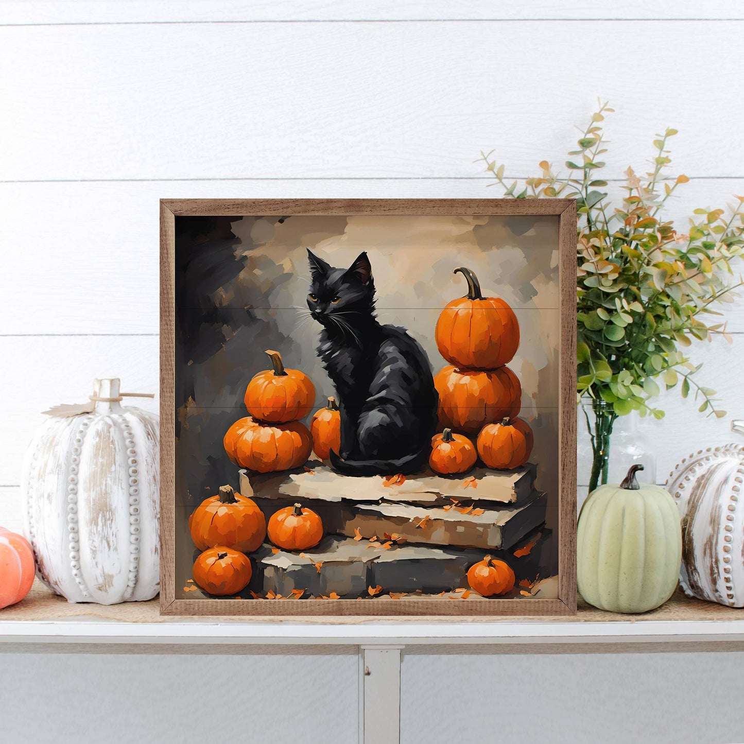 Black Cat With Pumpkin Stack Sign