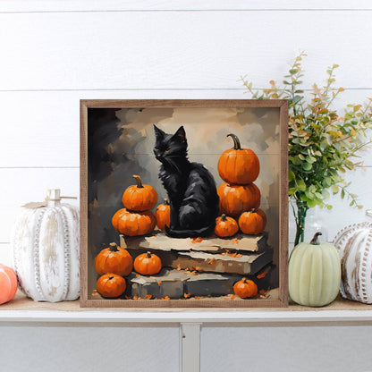 Black Cat With Pumpkin Stack Sign