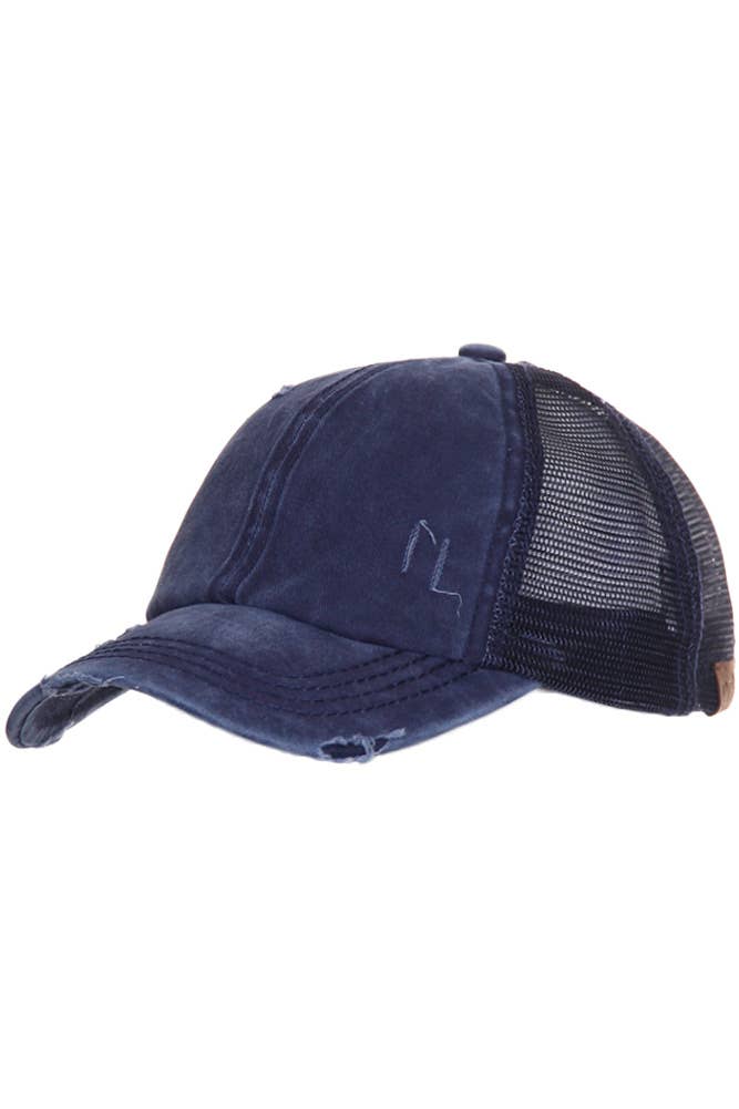 C.C Grey Distressed Mesh Back Ponytail Baseball Cap
