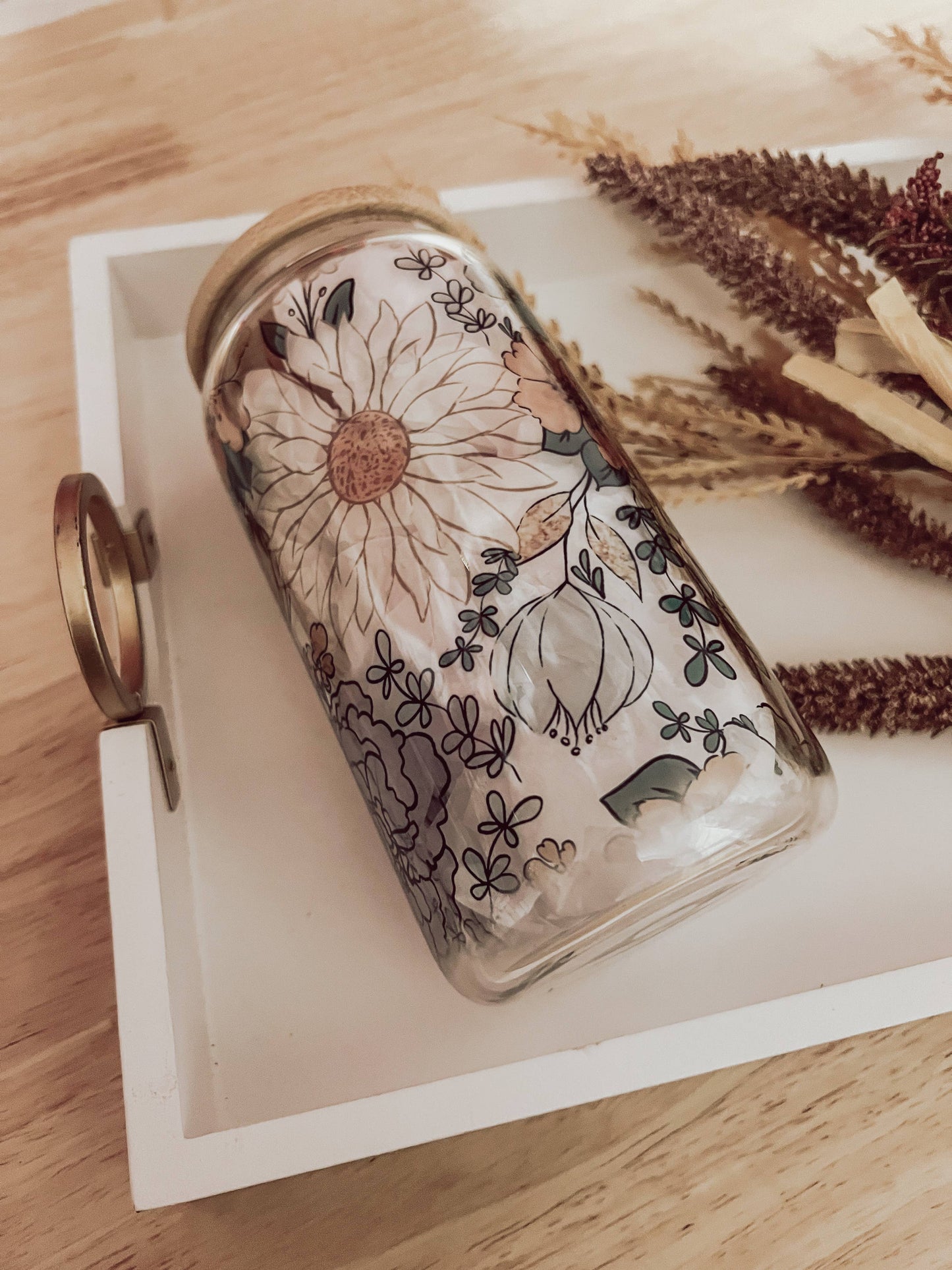 Fall Floral Glass Cup with Bamboo Lid
