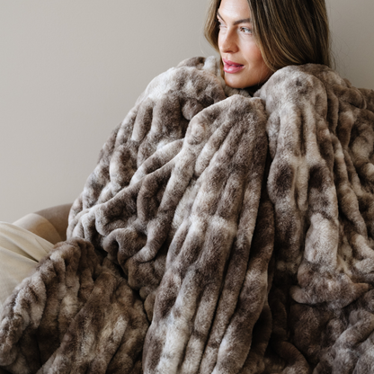 Flax Double Ruched XL Faux Fir Throw Blanket