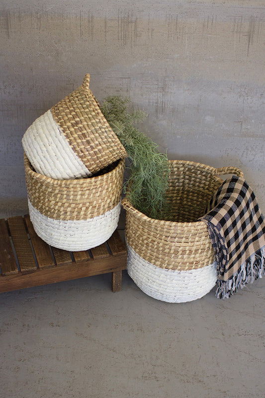 White Dipped Seagrass Hampers with Handles