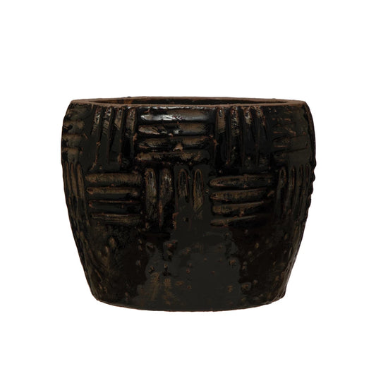 Embossed Distressed Black Terra-cotta Planter