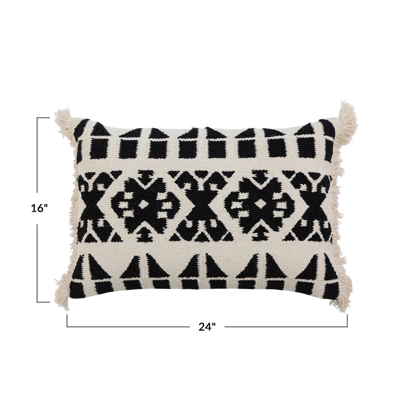 24" x 16" H&-Woven Cotton Kilim Lumbar Pillow w/ Pattern & Fringe