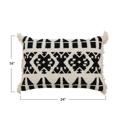 24" x 16" H&-Woven Cotton Kilim Lumbar Pillow w/ Pattern & Fringe