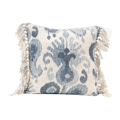 20" Stonewashed Woven Cotton Blend Pillow w/ Ikat Pattern & Fringe