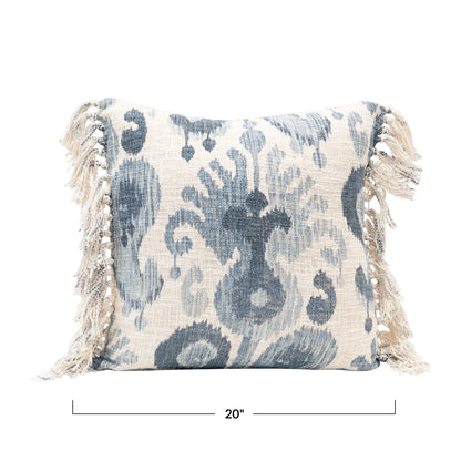 20" Stonewashed Woven Cotton Blend Pillow w/ Ikat Pattern & Fringe
